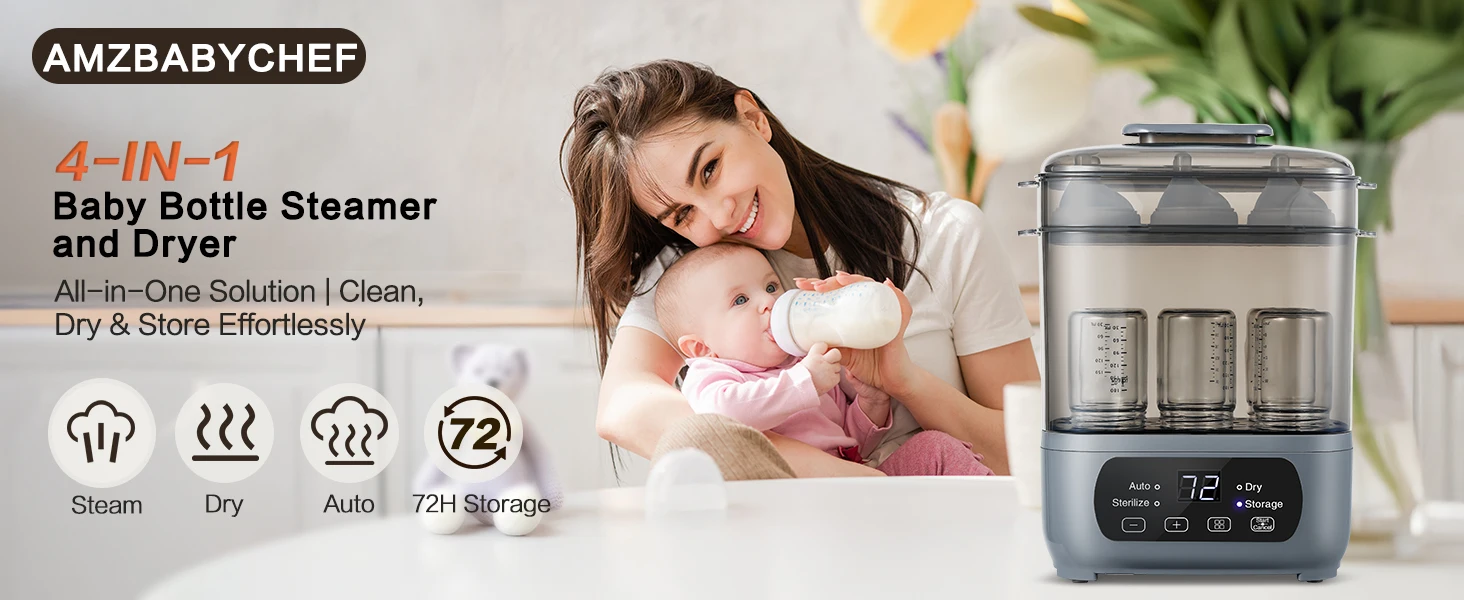 4-in-1 72H Storage, 30-Min Dry, 6 Bottles + Accessories,99.99% Germ-Free‌ Baby Bottle Sterilizer & Dryer