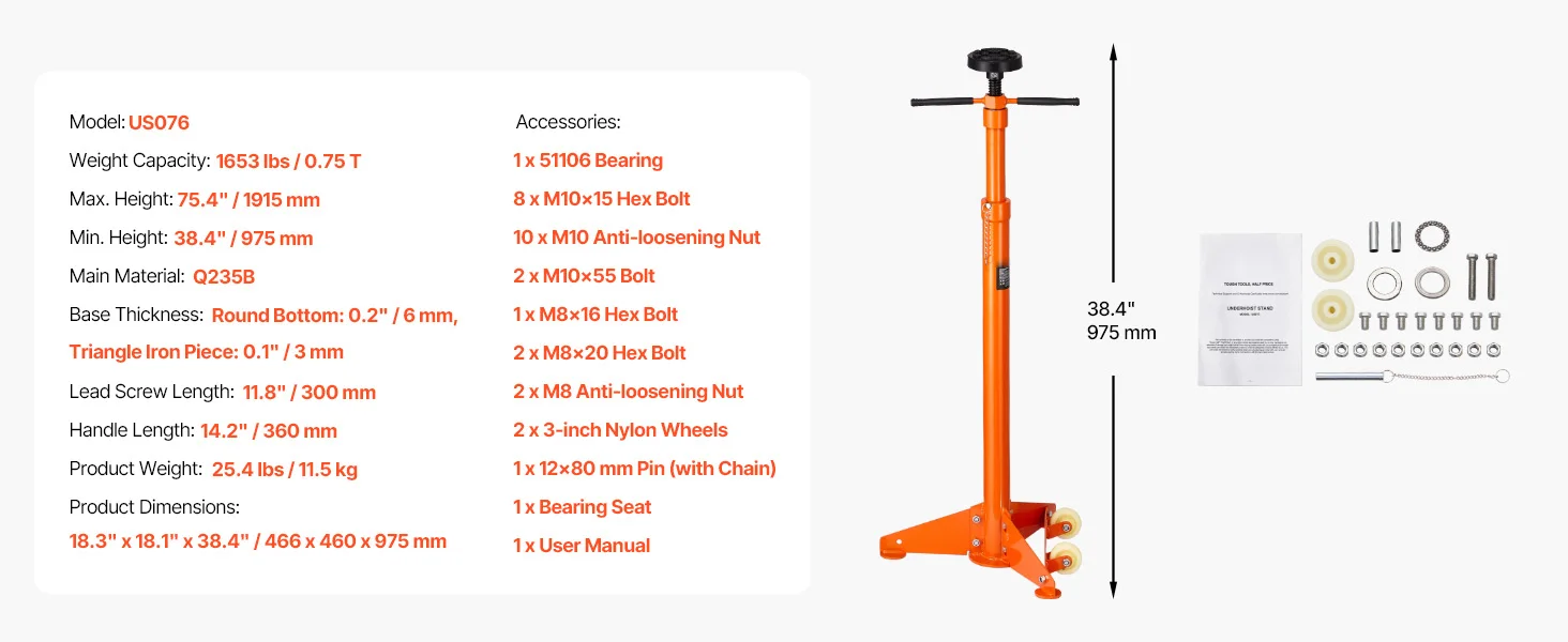 SucceBuy Underhoist Stand 3/4 Ton Capacity Pole Jack, Lifting from 43.3" to 70.9" Triangular Base Two Wheels Automotive Support
