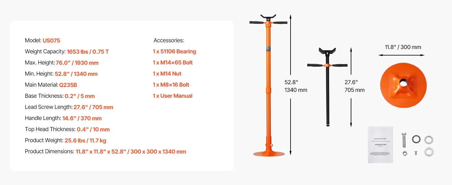 SucceBuy Underhoist Stand 3/4 Ton Capacity Pole Jack, Lifting from 43.3" to 70.9" Triangular Base Two Wheels Automotive Support