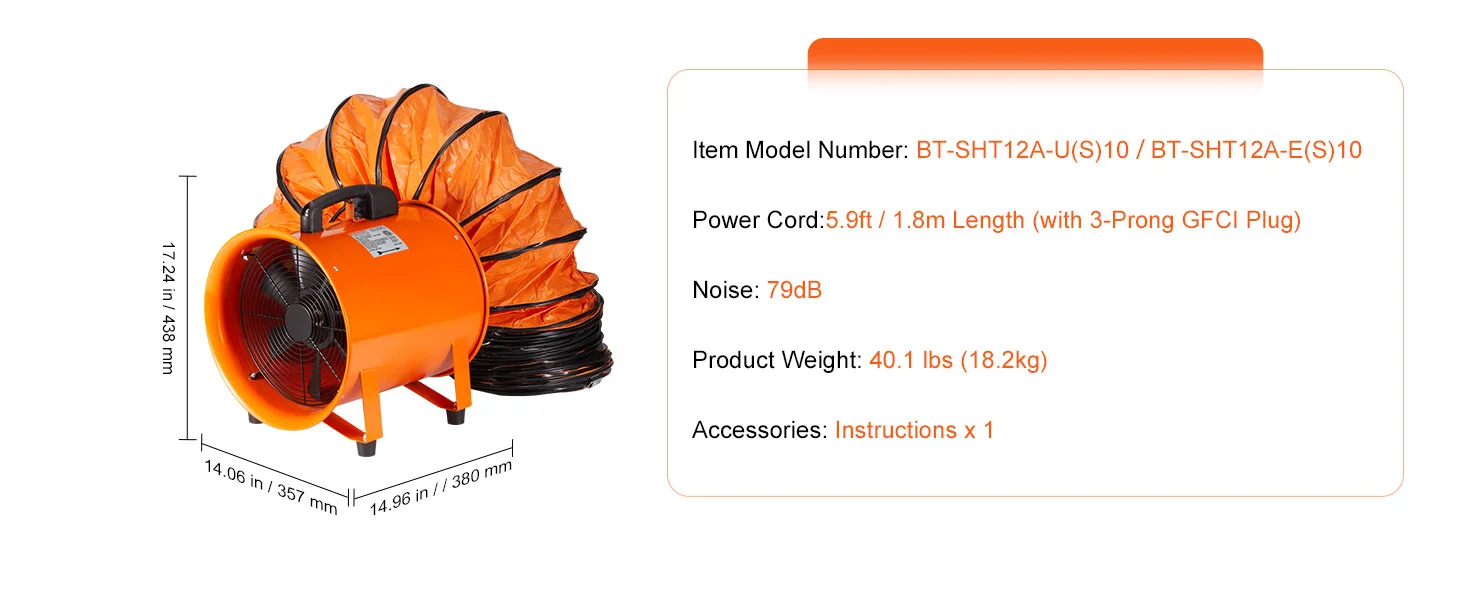 SucceBuy Exhaust Fan 12 in Industrial Ventilation Fan Exhaust Blower with 10M PVC Duct Hose Ventilator for Homeuse Warehouse