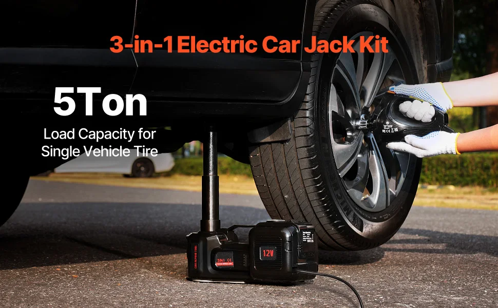 SucceBuy 5T Electric Car Jack Electric Scissor Jack 12V Tire Changer with Electric Impact Wrench & LED Light for Sedan SUV Truck