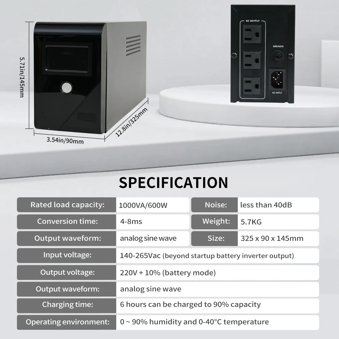 1000VA/600W 120V UPS Power Supply Battery Standby Power with 3 Outlets and LCD Display Surge Protector for Home and Office