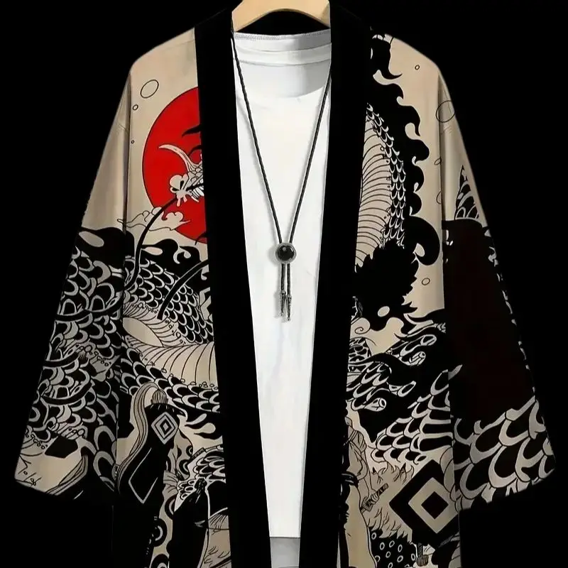 Mens Kimono Shirt Y2K Tops Kimono Cardigans Chinese Dragon Hip Hop Shirt Men Lightweight Cardigans Japanese Kimono Haori Yukata