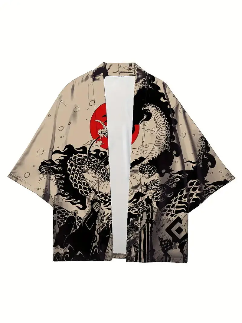 Mens Kimono Shirt Y2K Tops Kimono Cardigans Chinese Dragon Hip Hop Shirt Men Lightweight Cardigans Japanese Kimono Haori Yukata