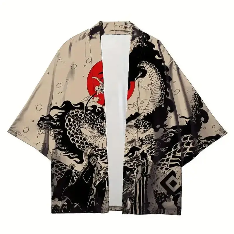 Mens Kimono Shirt Y2K Tops Kimono Cardigans Chinese Dragon Hip Hop Shirt Men Lightweight Cardigans Japanese Kimono Haori Yukata