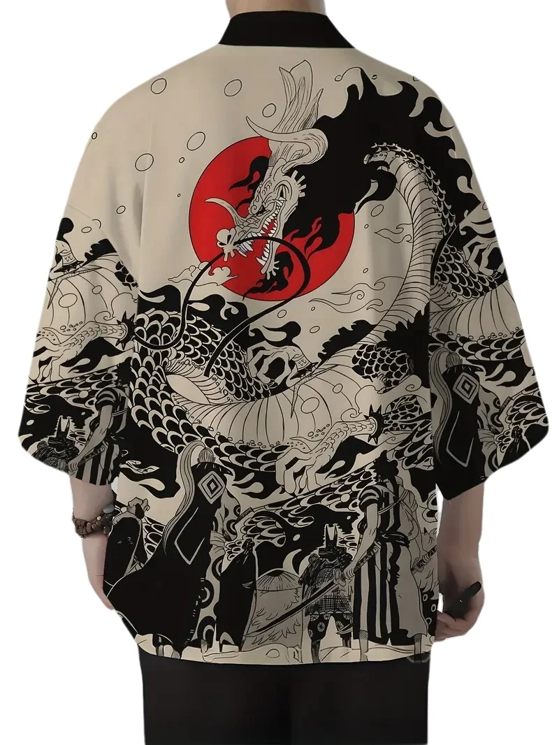 Mens Kimono Shirt Y2K Tops Kimono Cardigans Chinese Dragon Hip Hop Shirt Men Lightweight Cardigans Japanese Kimono Haori Yukata
