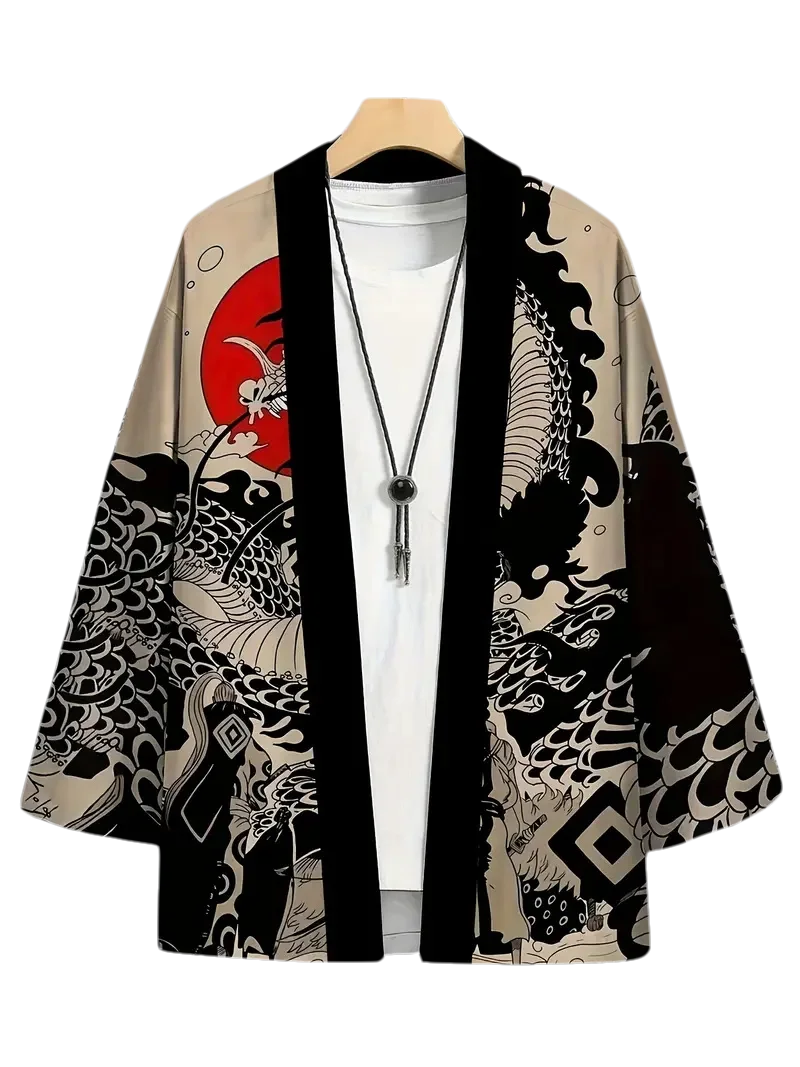 Mens Kimono Shirt Y2K Tops Kimono Cardigans Chinese Dragon Hip Hop Shirt Men Lightweight Cardigans Japanese Kimono Haori Yukata