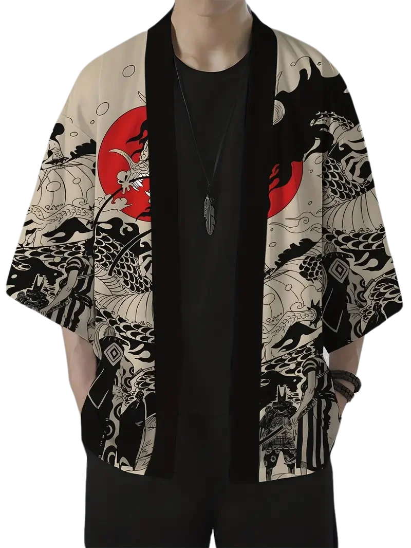 Mens Kimono Shirt Y2K Tops Kimono Cardigans Chinese Dragon Hip Hop Shirt Men Lightweight Cardigans Japanese Kimono Haori Yukata