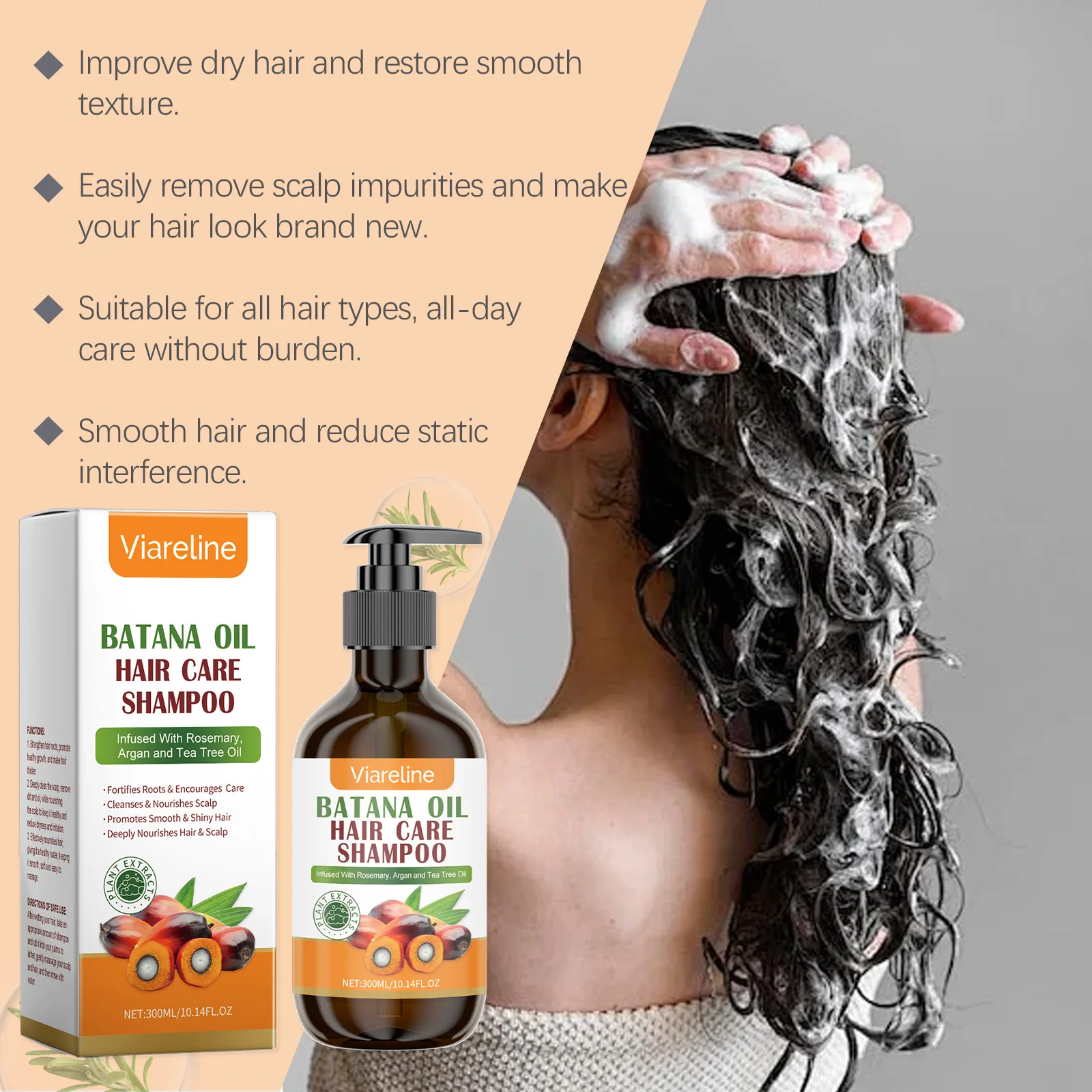 Viareline Batana Oil Hair Care Shampoo Gentle Cleaning Scalp Moisturizing Remove Dandruff Reduce Dryness Nourishing Hair Shampoo
