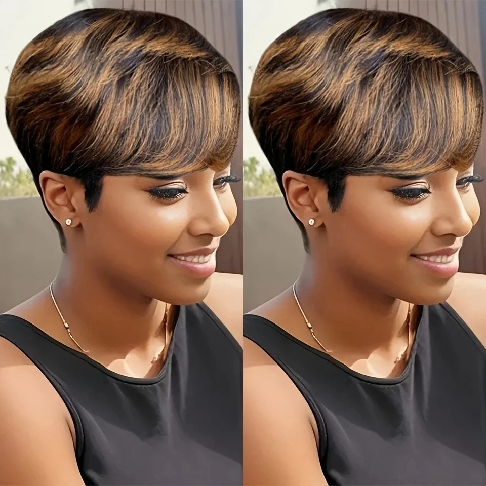 Short Pixie cut Wig for Women Human Hair Layered Design with Bangs Straight Style 6 Inch Full Machine Made Wig