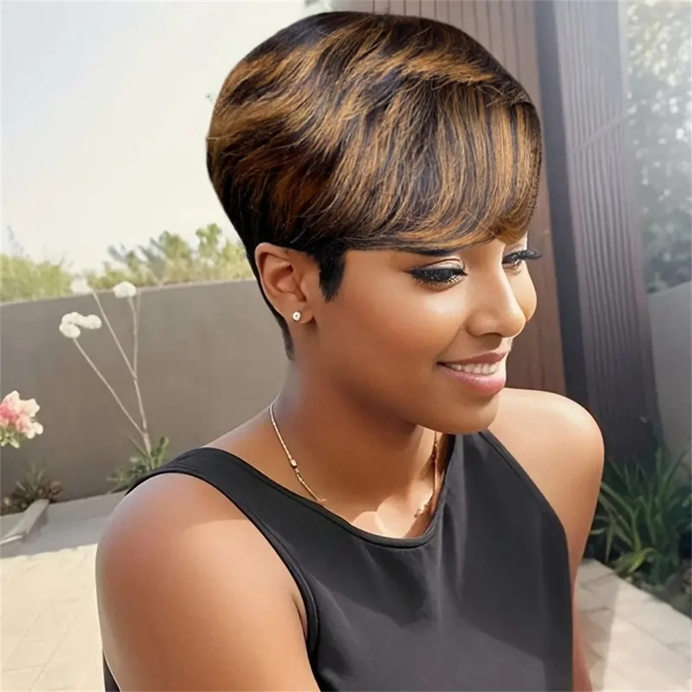Short Pixie cut Wig for Women Human Hair Layered Design with Bangs Straight Style 6 Inch Full Machine Made Wig