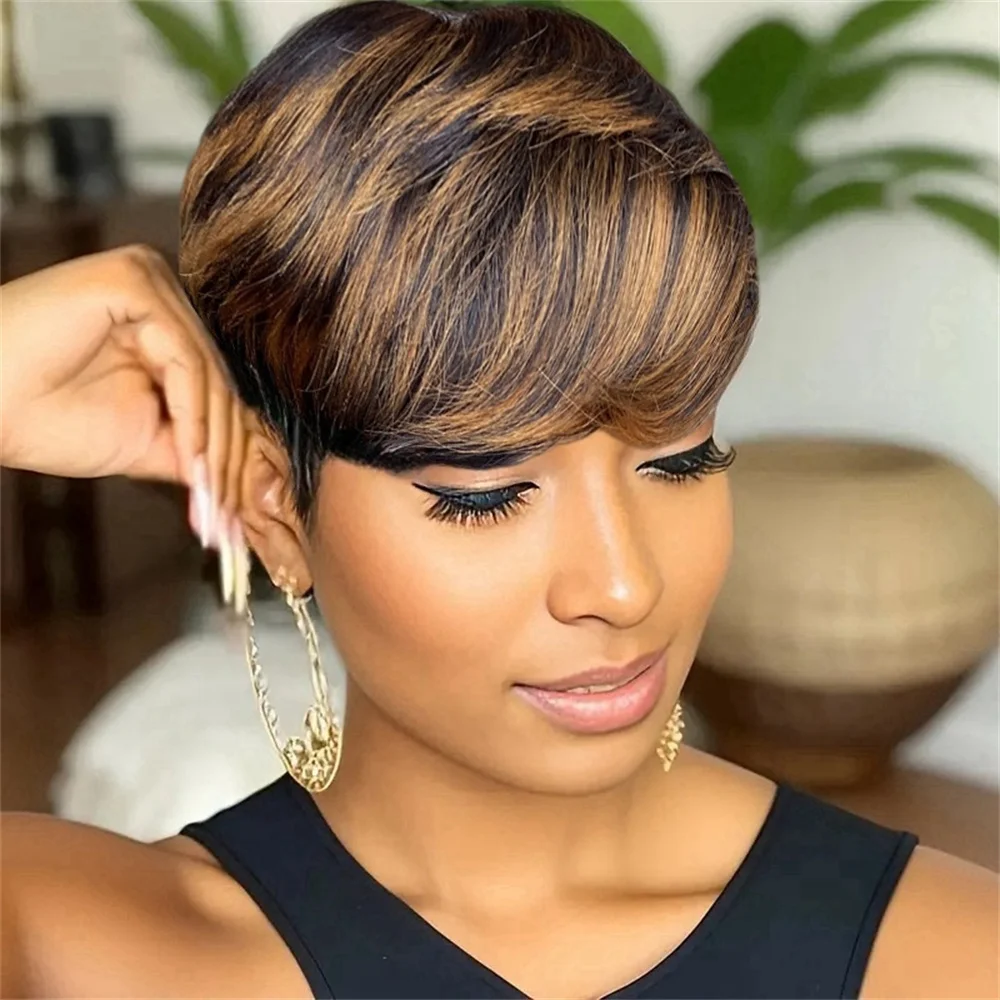 Short Pixie cut Wig for Women Human Hair Layered Design with Bangs Straight Style 6 Inch Full Machine Made Wig