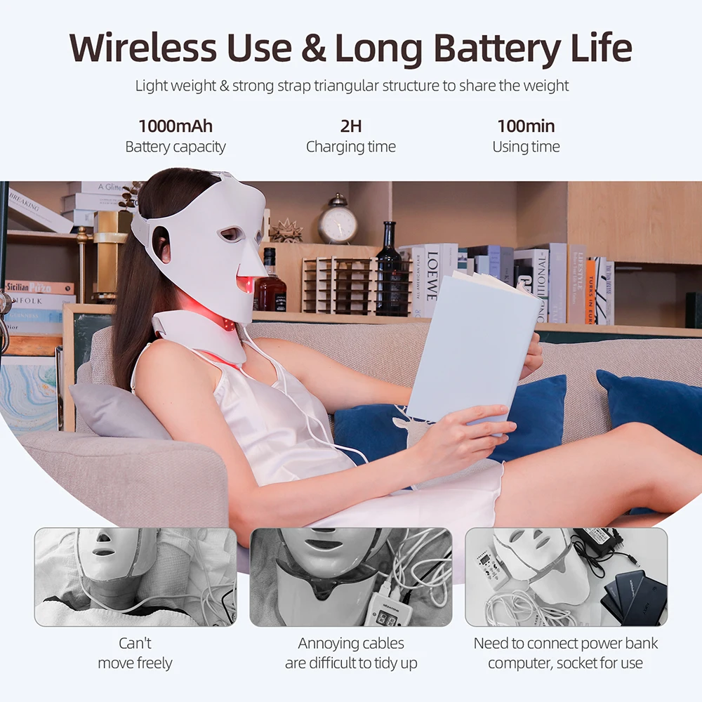 7 Colors Photon Face Neck LED Mask 3D Flexible Silicone Facial Beauty Mask Red Light Infrared Skin Care Repair Skin Wireless Use