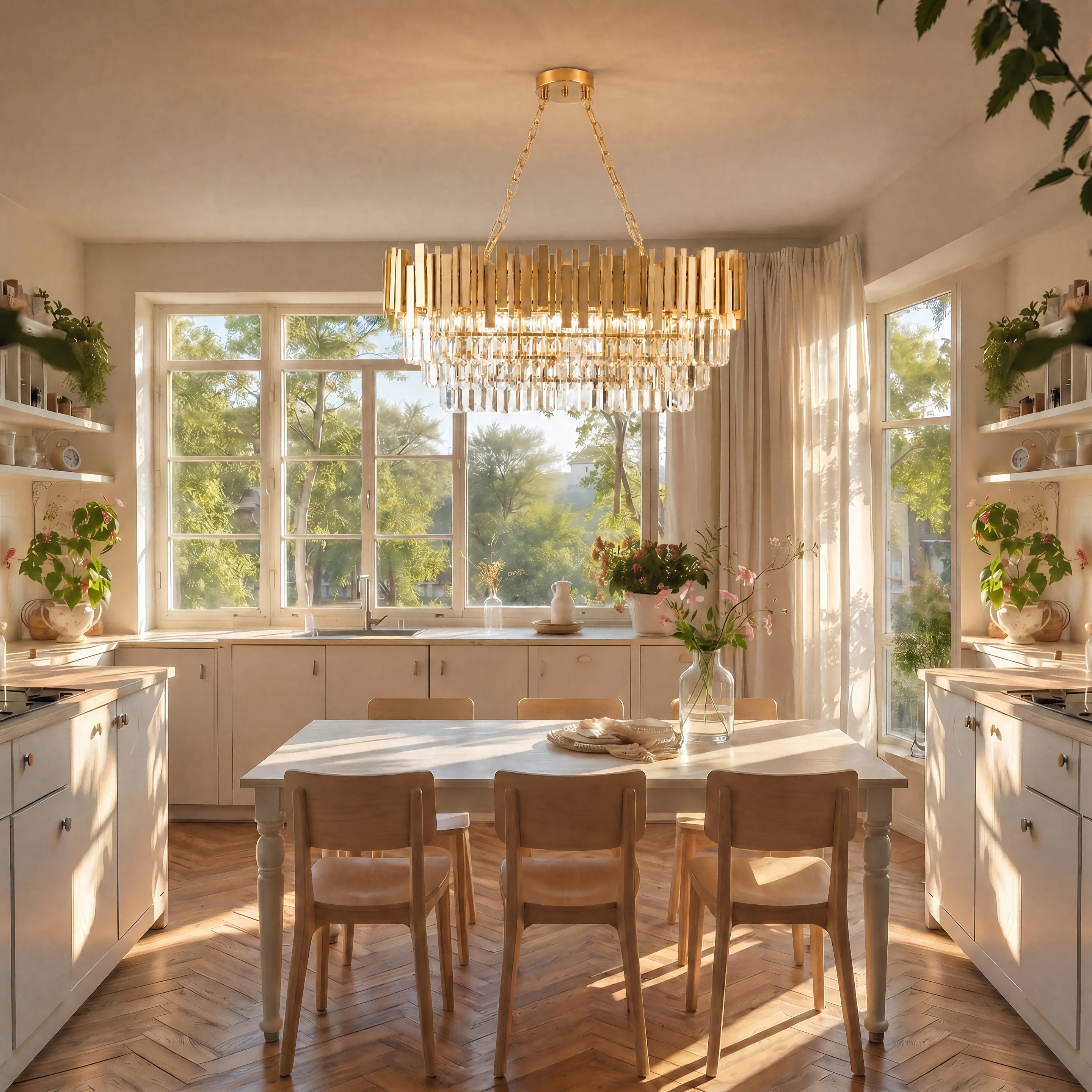 Modern Luxury Crystal Chandelier, Gold Crystal Chandelier, 3-Layer Raindrop Chandelier, Lighting Fixtures, Dining Room, Table, F