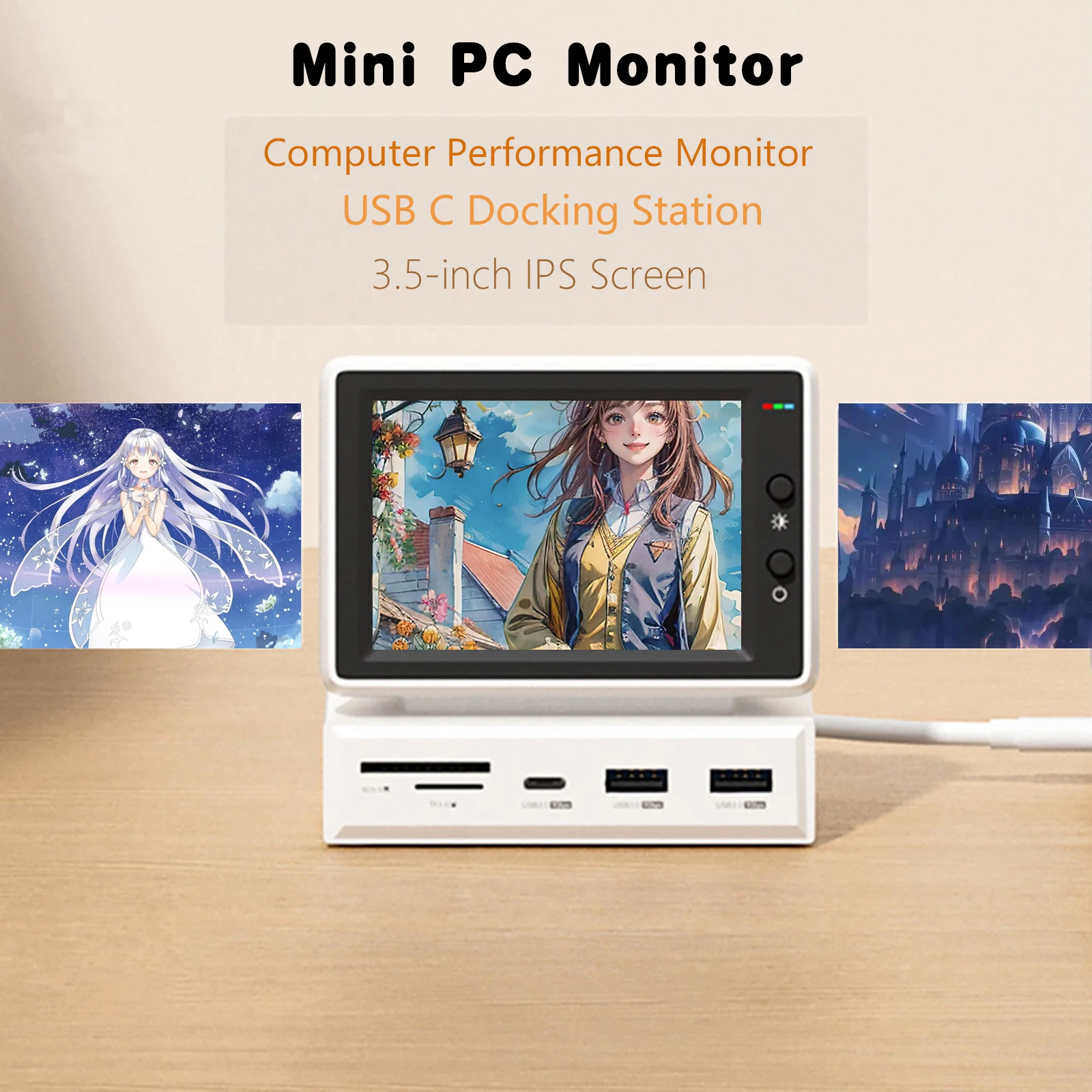 3.5inch HDD Data Monitor Display Sub Screen with USB C Hub for Laptop PC MacBook IPS Mini Screen AIDA64 Mini PC CPU RAM