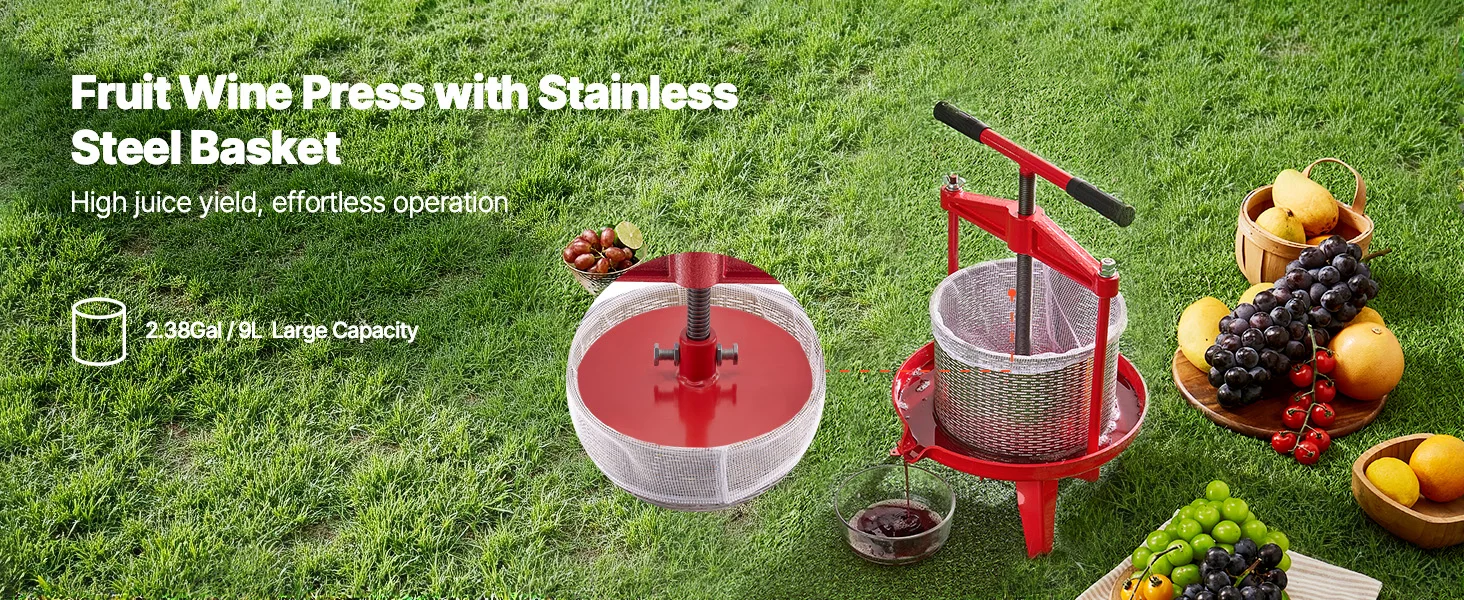 SucceBuy 9L 14L Fruit Wine Press Stainless Steel Basket with Cross-beam and Triangular Structure Manual Juice Maker for Kitchen