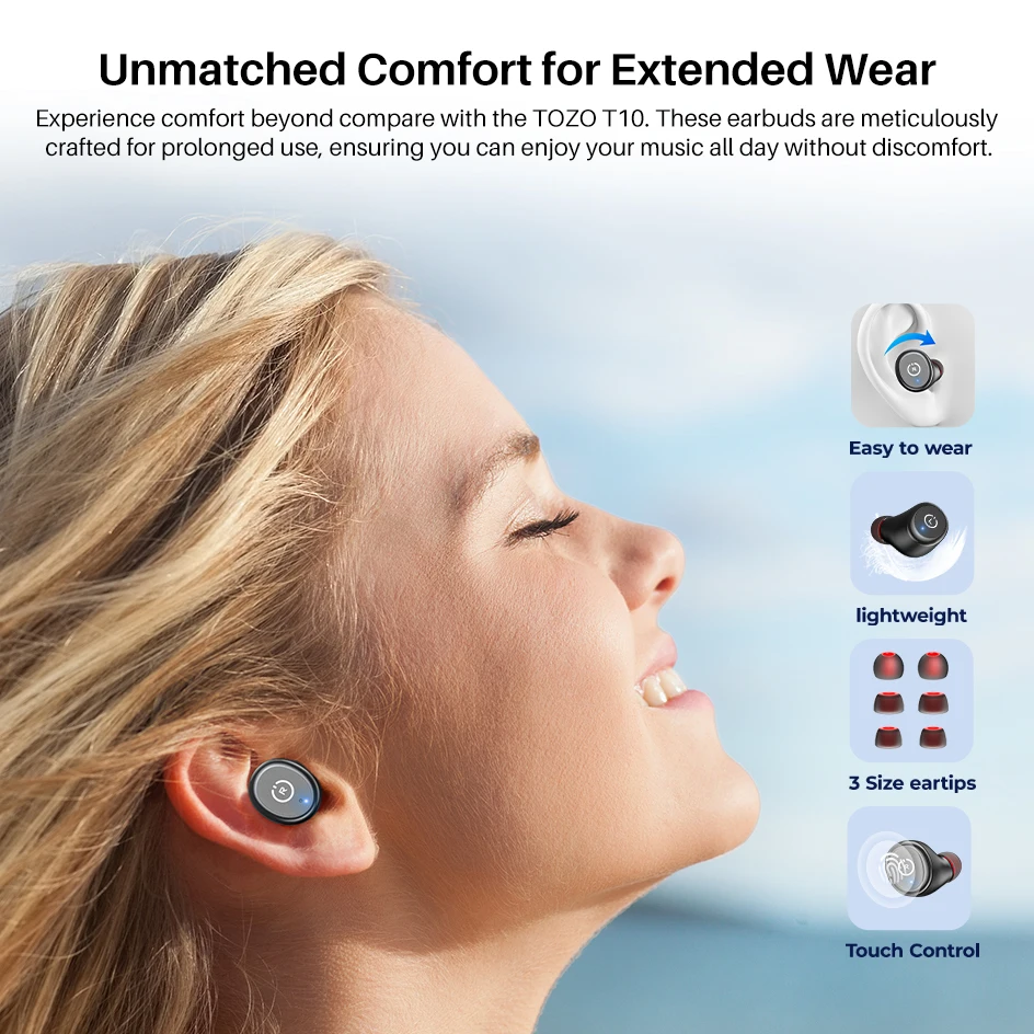Refurbished TOZO Ergonomic Headsets TWS Earbuds AI Via APP Wireless Touch Control IPX8 HiFi Sound Stereo for IOS Android PC