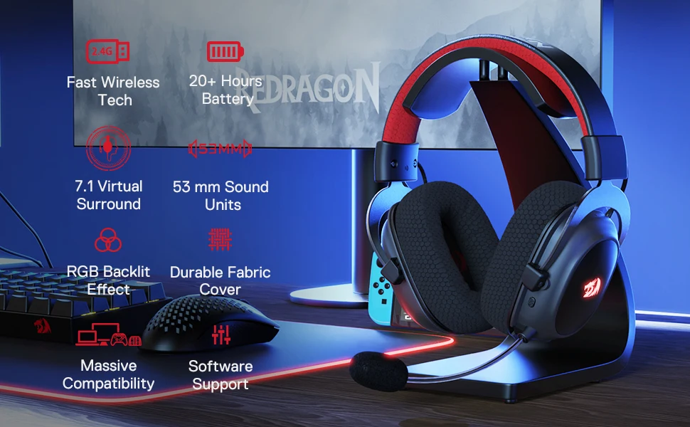Redragon H510 PRO Zeus-X RGB Wireless Gaming Headset 7.1 Surround Sound 53MM Audio Drivers Multi Platforms Headphone