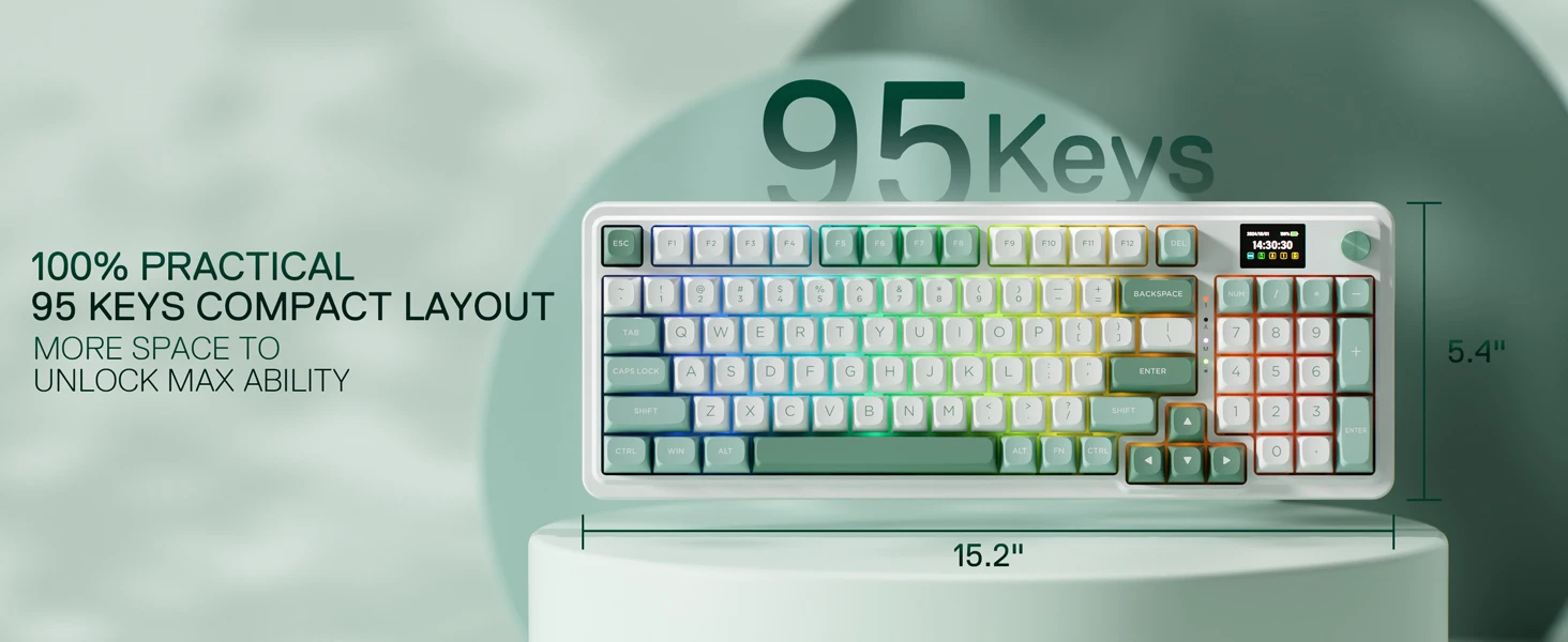 Redragon K719 Wireless Gasket Gaming 95 Keys Mechanical Keyboard,Easy-Control 1.14’’ TFT Info Display,Mint Mambo Switches