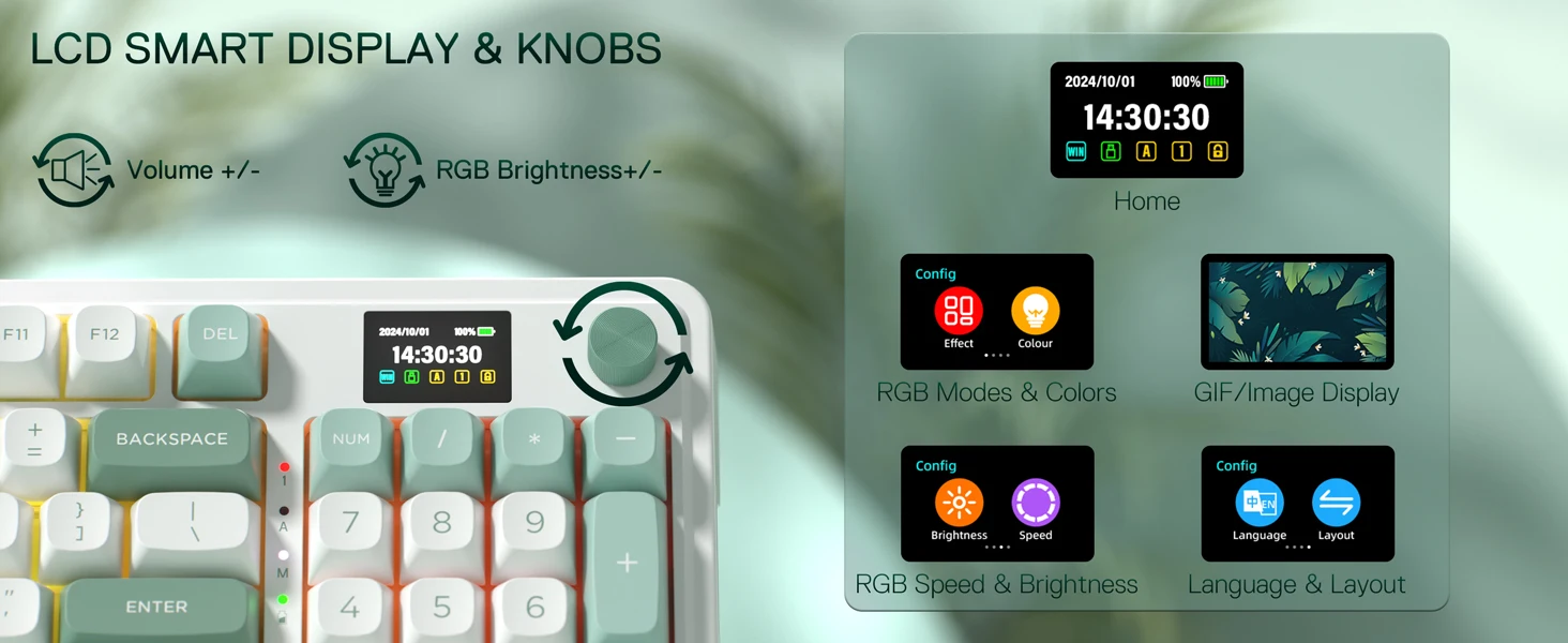 Redragon K719 Wireless Gasket Gaming 95 Keys Mechanical Keyboard,Easy-Control 1.14’’ TFT Info Display,Mint Mambo Switches