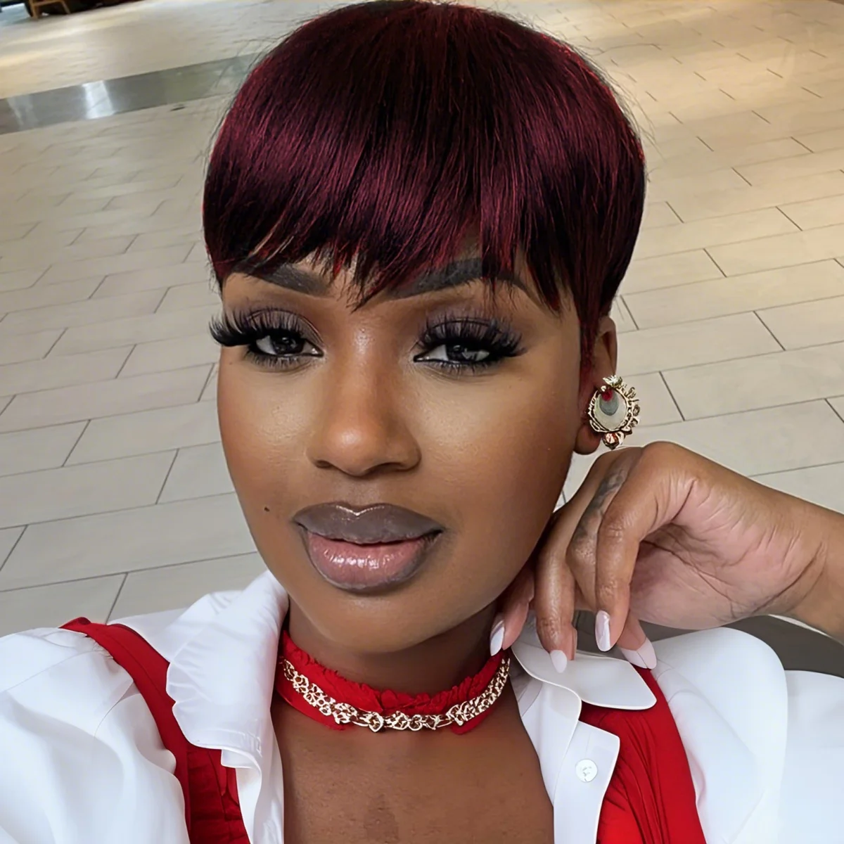 Human Hair Straight Short Pixie Cut Wig With Bangs Tangle-Free Natural Hairline Full Machine Made for Women