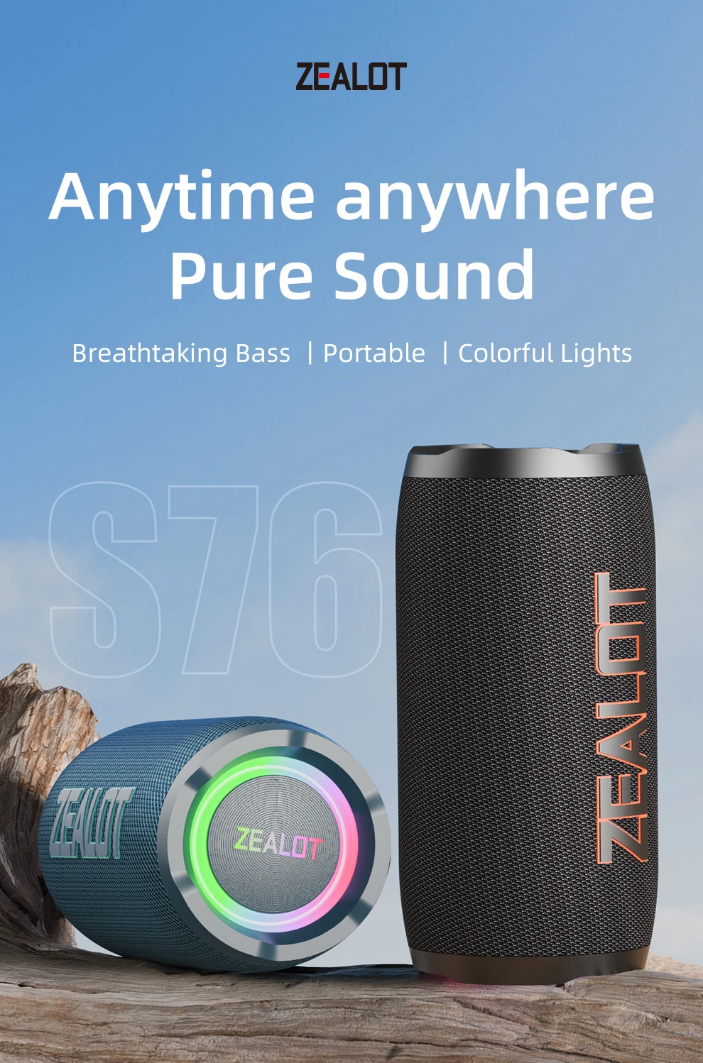 ZEALOT-S76 50W Portable Bluetooth Speaker Wireless Waterproof Outdoor IPX6 Stereo Bass Music Track Speaker Sound Box