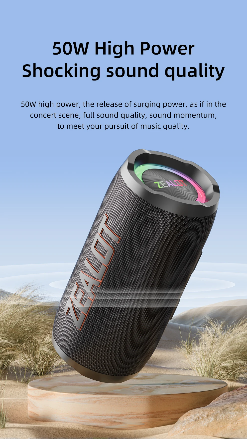 ZEALOT-S76 50W Portable Bluetooth Speaker Wireless Waterproof Outdoor IPX6 Stereo Bass Music Track Speaker Sound Box