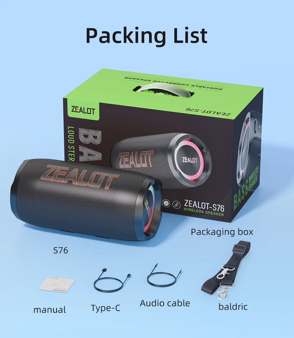 ZEALOT-S76 50W Portable Bluetooth Speaker Wireless Waterproof Outdoor IPX6 Stereo Bass Music Track Speaker Sound Box