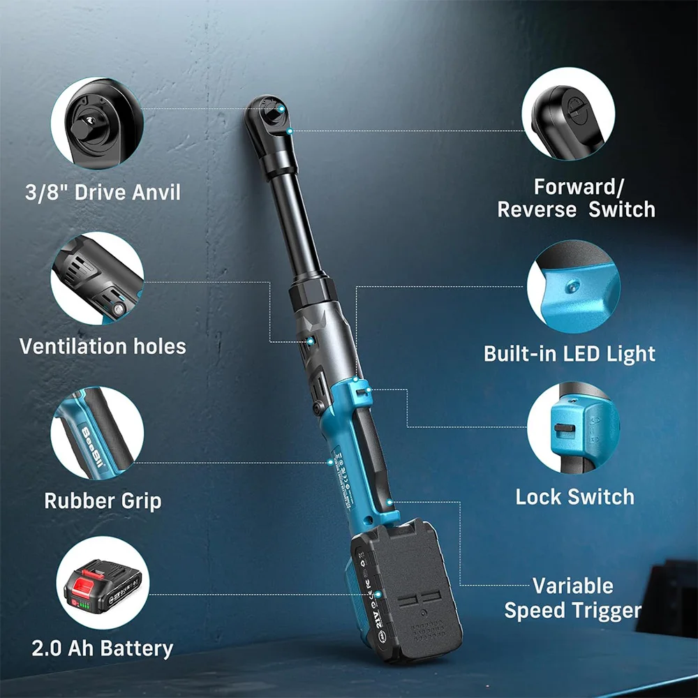 SEESII 3/8" 21V Cordless Electric Wrench 80Nm 6.3'' Extended Electric Ratchet Wrench Rechargeable Angle Wrench Car Repair Tools for Makita 18v Battery Pin