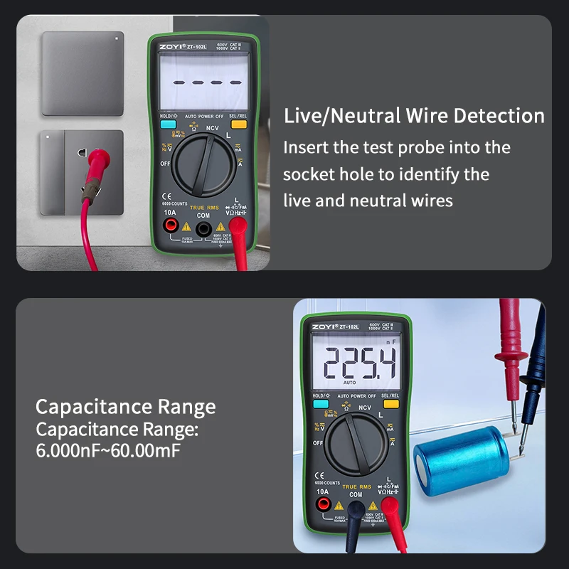ZOYI ZT-102L Auto-Ranging Inductance 60H High-Precision Anti-Burn Multimeter with Capacitance, Temperature & NCV