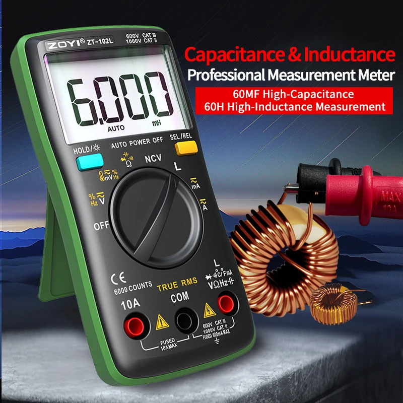 ZOYI ZT-102L Auto-Ranging Inductance 60H High-Precision Anti-Burn Multimeter with Capacitance, Temperature & NCV