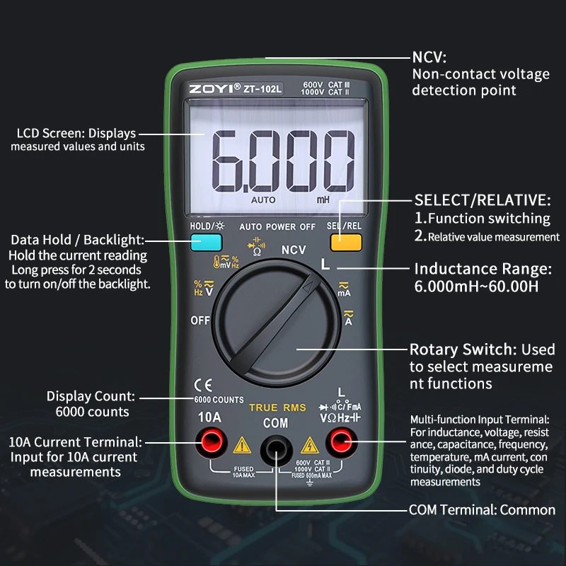 ZOYI ZT-102L Auto-Ranging Inductance 60H High-Precision Anti-Burn Multimeter with Capacitance, Temperature & NCV