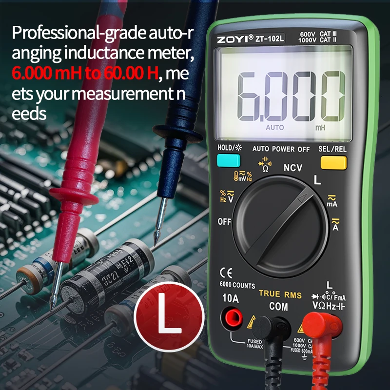 ZOYI ZT-102L Auto-Ranging Inductance 60H High-Precision Anti-Burn Multimeter with Capacitance, Temperature & NCV