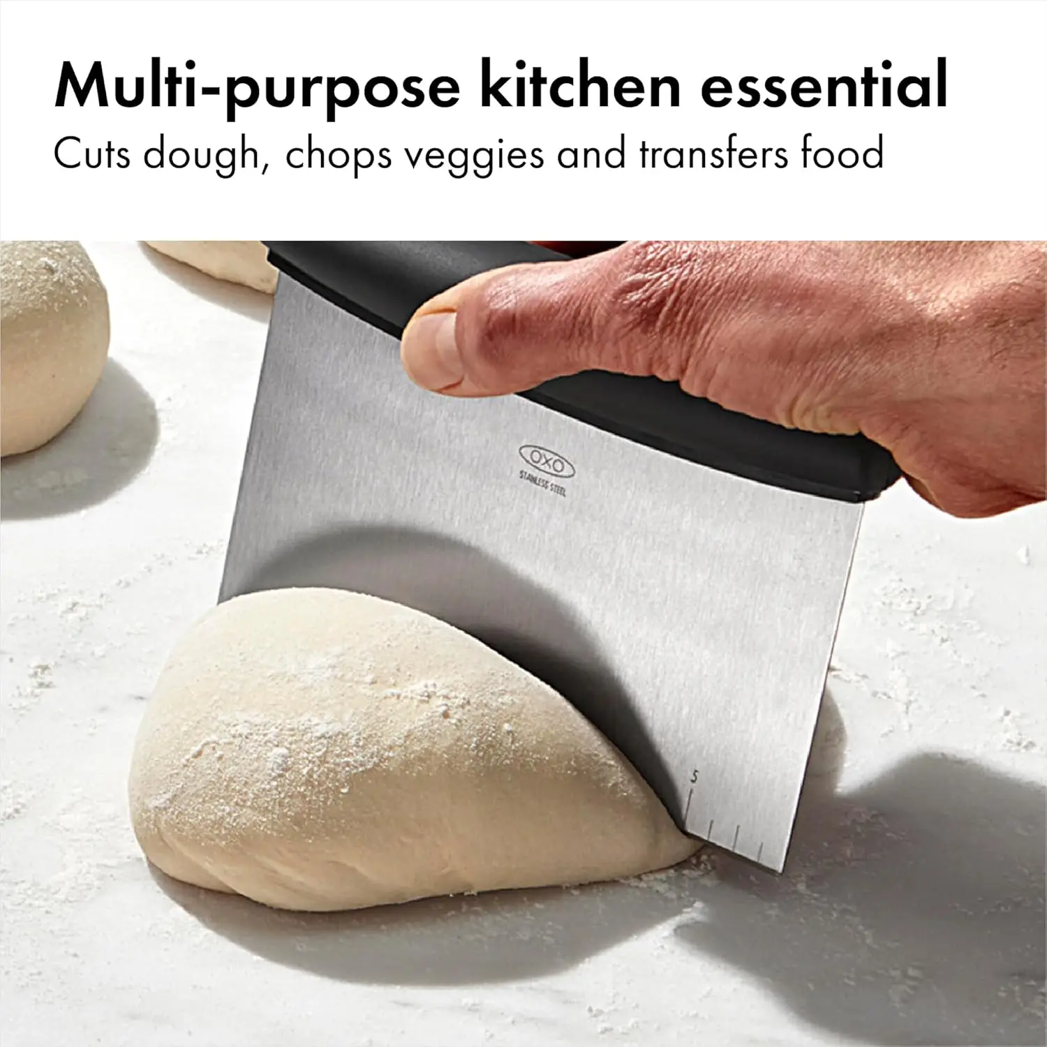 6.3 Inch Stainless Steel Bench Scraper, with 1-5 Inch Measurement Markings, Multi-Purpose for Dough, Veggies.