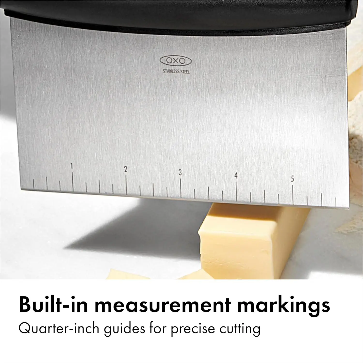 6.3 Inch Stainless Steel Bench Scraper, with 1-5 Inch Measurement Markings, Multi-Purpose for Dough, Veggies.