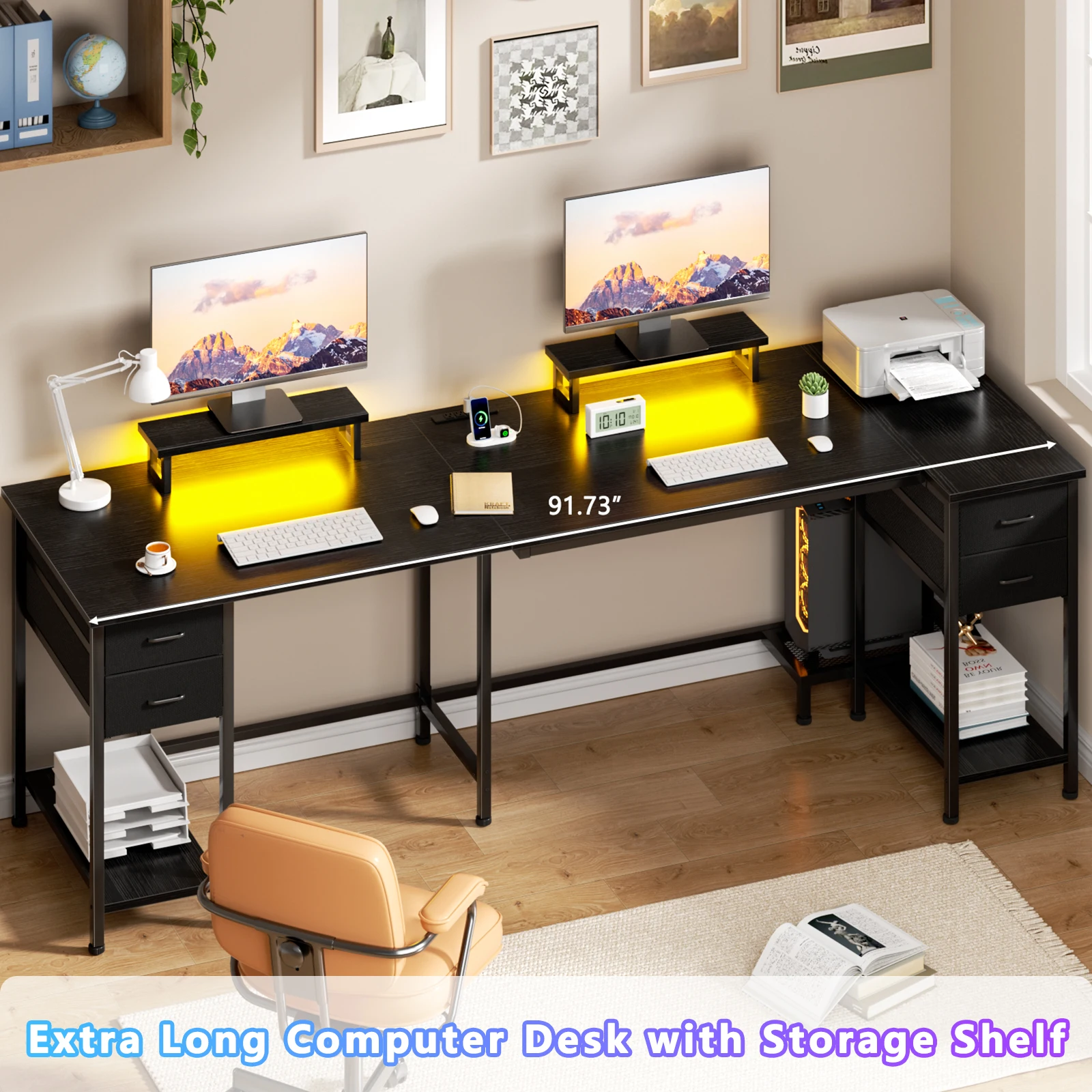 Satifur 93 inch 2-person Office Desk with Power Sockets and LED Lights,61in Computer Desk,Home Work Desk,Monitor Stands, Drawers
