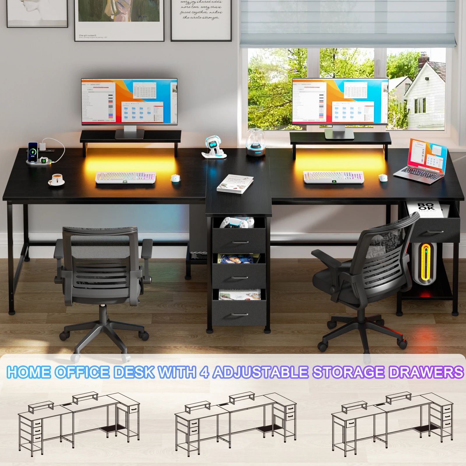 Satifur 93 inch 2-person Office Desk with Power Sockets and LED Lights,61in Computer Desk,Home Work Desk,Monitor Stands, Drawers