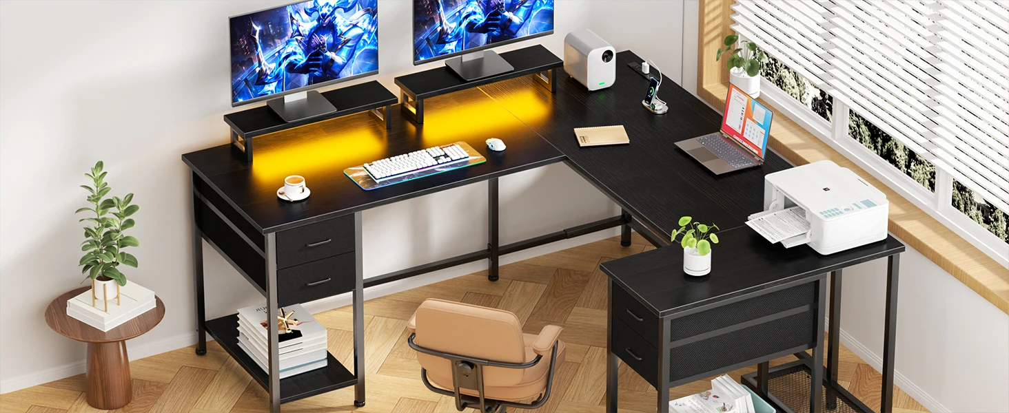 Satifur 93 inch 2-person Office Desk with Power Sockets and LED Lights,61in Computer Desk,Home Work Desk,Monitor Stands, Drawers