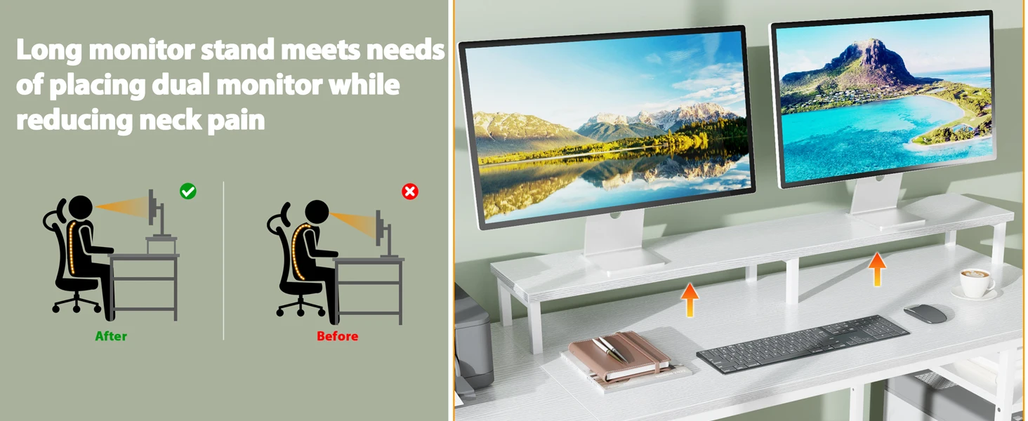 Satifur 93 inch 2-person Office Desk with Power Sockets and LED Lights,61in Computer Desk,Home Work Desk,Monitor Stands, Drawers