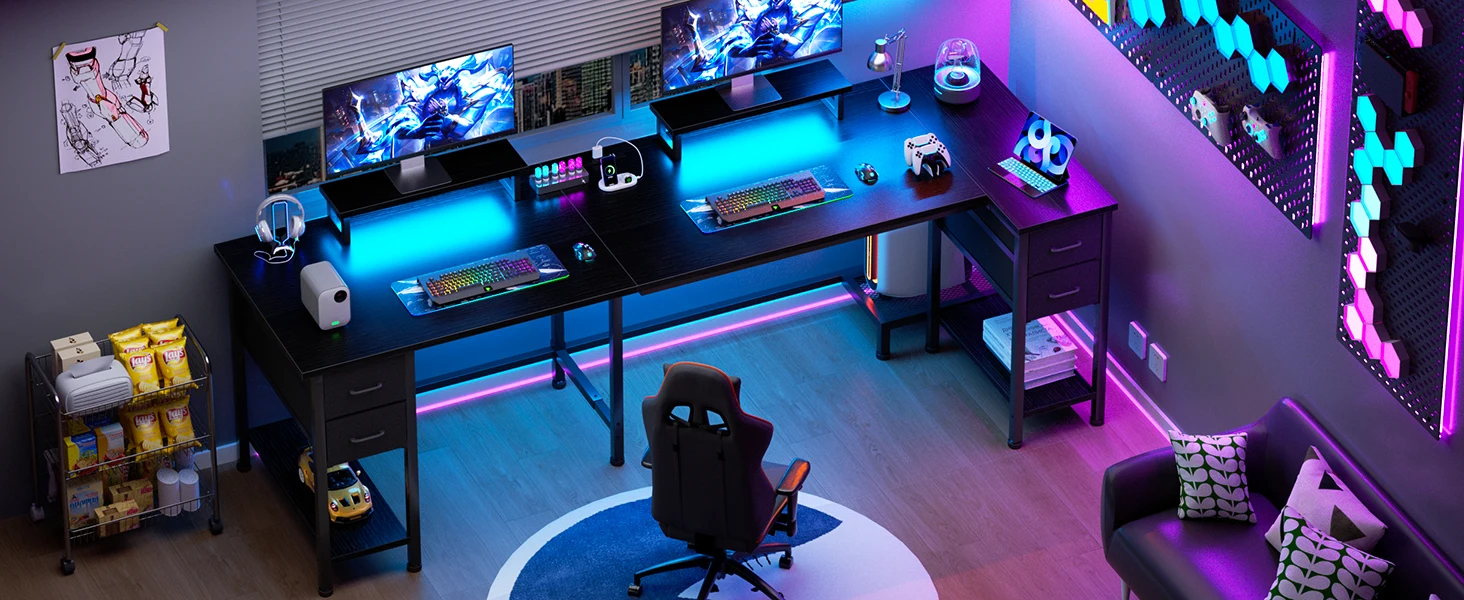 Satifur 93 inch 2-person Office Desk with Power Sockets and LED Lights,61in Computer Desk,Home Work Desk,Monitor Stands, Drawers