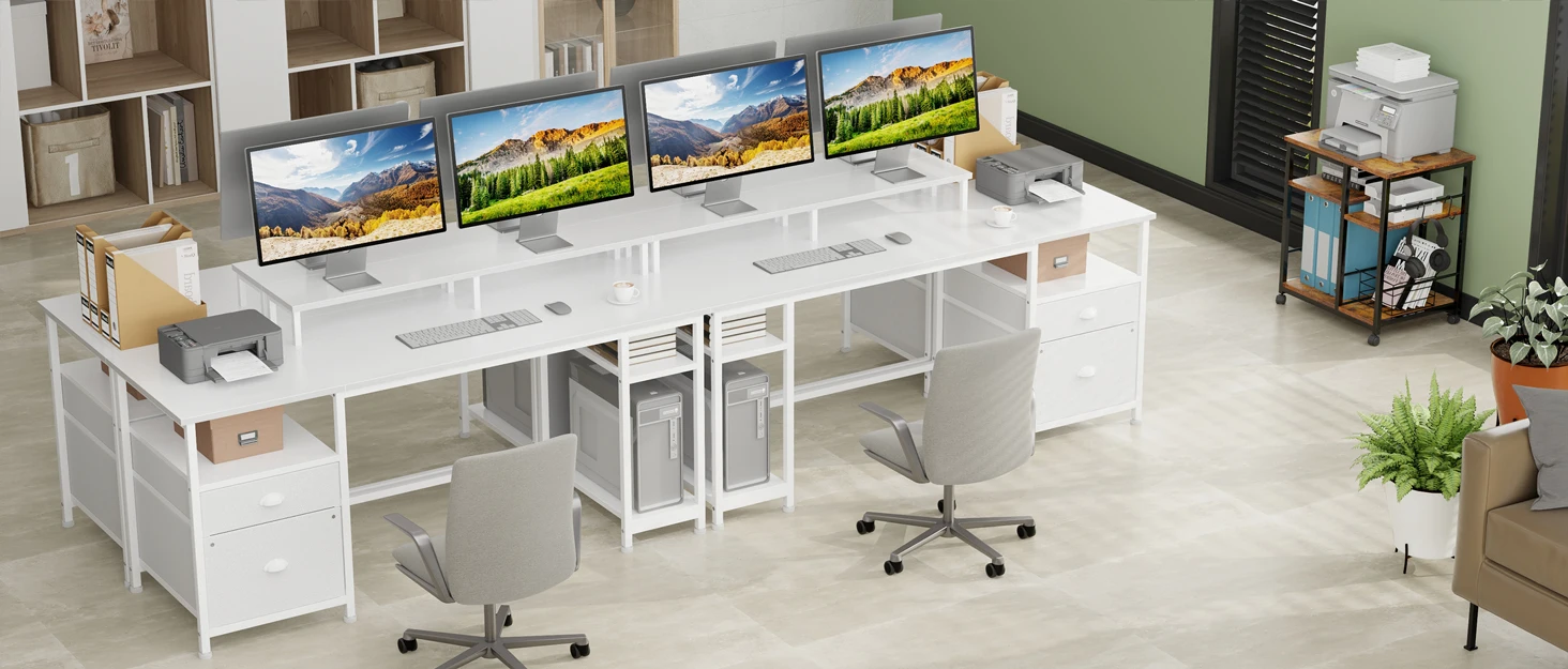 Satifur 93 inch 2-person Office Desk with Power Sockets and LED Lights,61in Computer Desk,Home Work Desk,Monitor Stands, Drawers