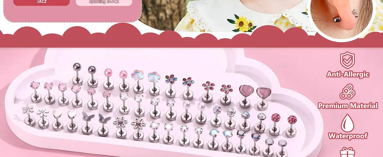 24Pairs Stainless Steel Stud Earrings for Women CZ Screw Back 4mm Tiny Flat Back Studs Cute Dainty Jewelry Gift Set 16G 18G