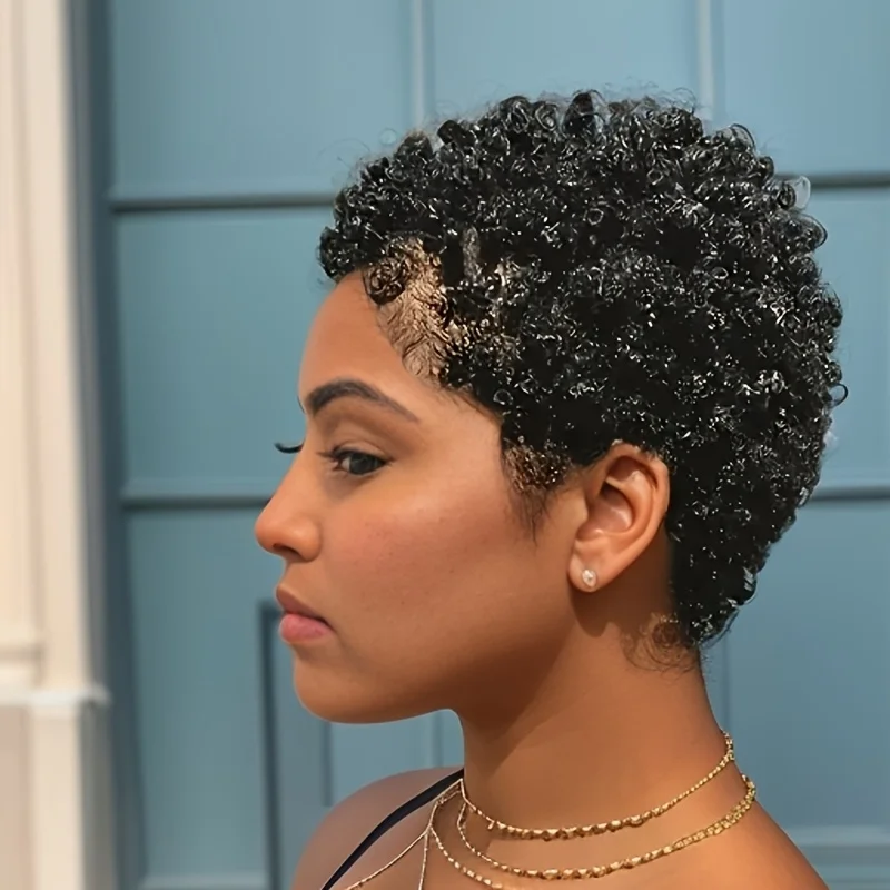 Human Hair Short Afro Kinky Curly Pixie Cut Wig Machine Made Short Wigs for Women