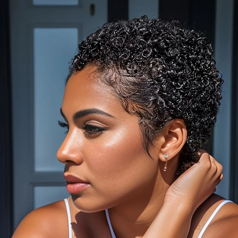 Human Hair Short Afro Kinky Curly Pixie Cut Wig Machine Made Short Wigs for Women