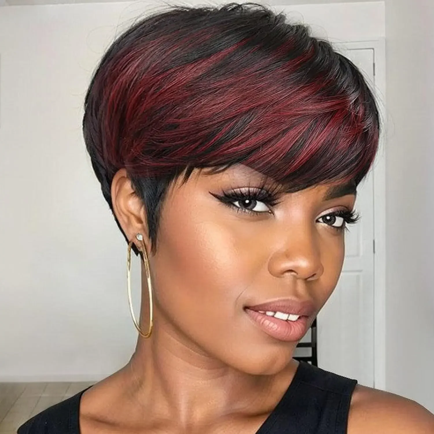 Short Hair Wigs for Black Women Ombre Red Wig Pixie Cut Wigs with Bangs Synthetic Short Pixie Wig for Black Women Natural Black