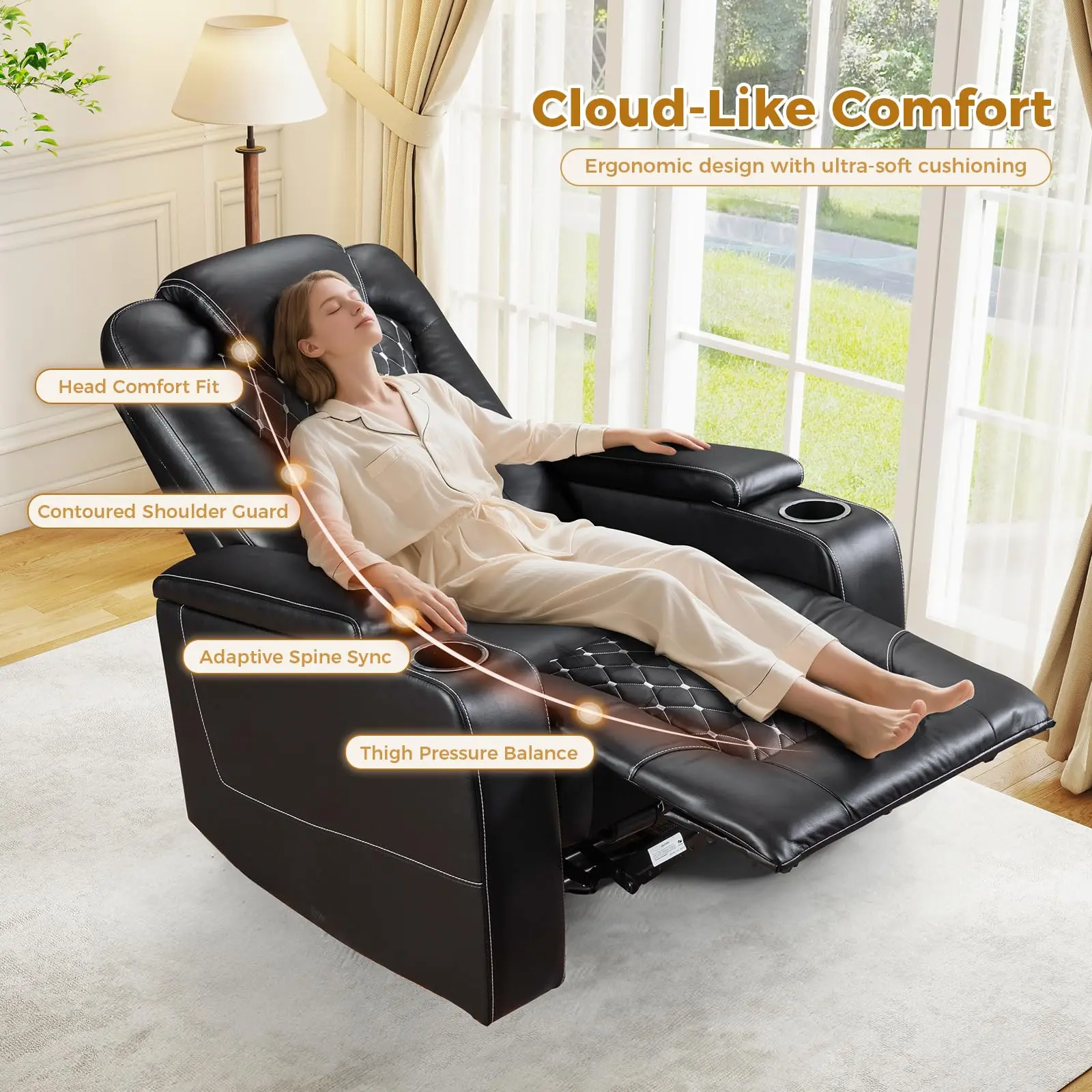 Electric Power Recliner Chair with USB Ports and Cup Holders, Breathable Leather Home Theater Seating with Hidden Arm Storage