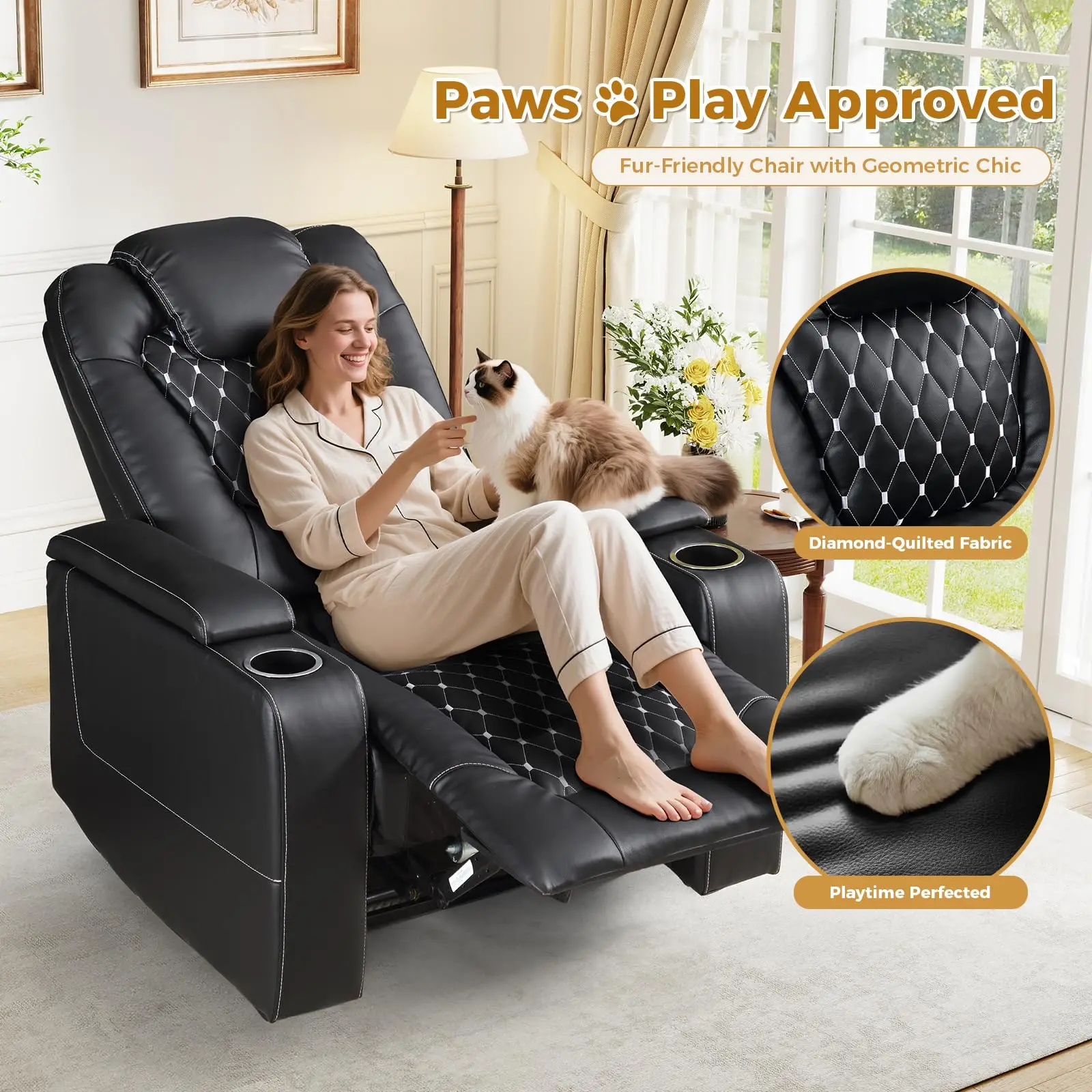 Electric Power Recliner Chair with USB Ports and Cup Holders, Breathable Leather Home Theater Seating with Hidden Arm Storage