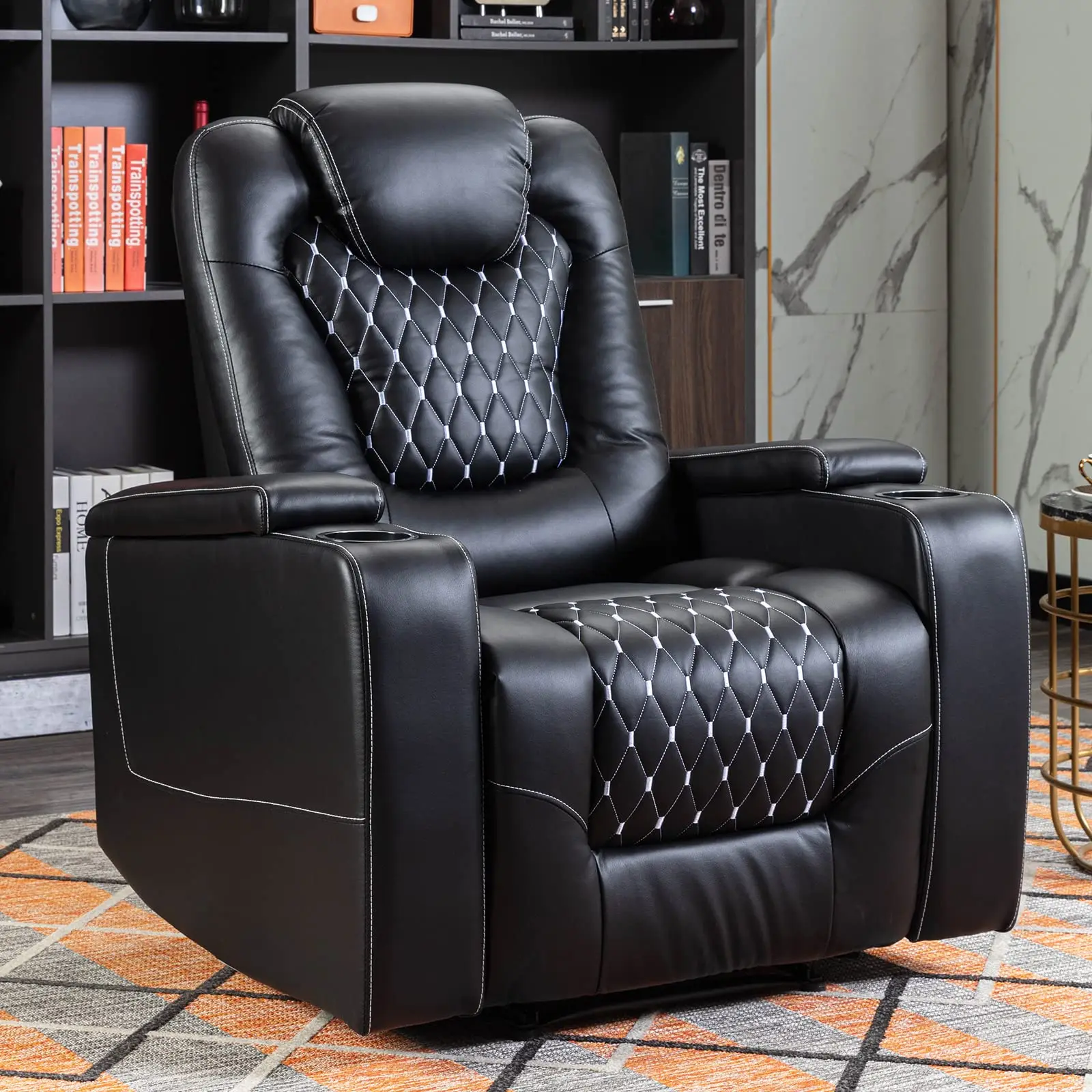 Electric Power Recliner Chair with USB Ports and Cup Holders, Breathable Leather Home Theater Seating with Hidden Arm Storage