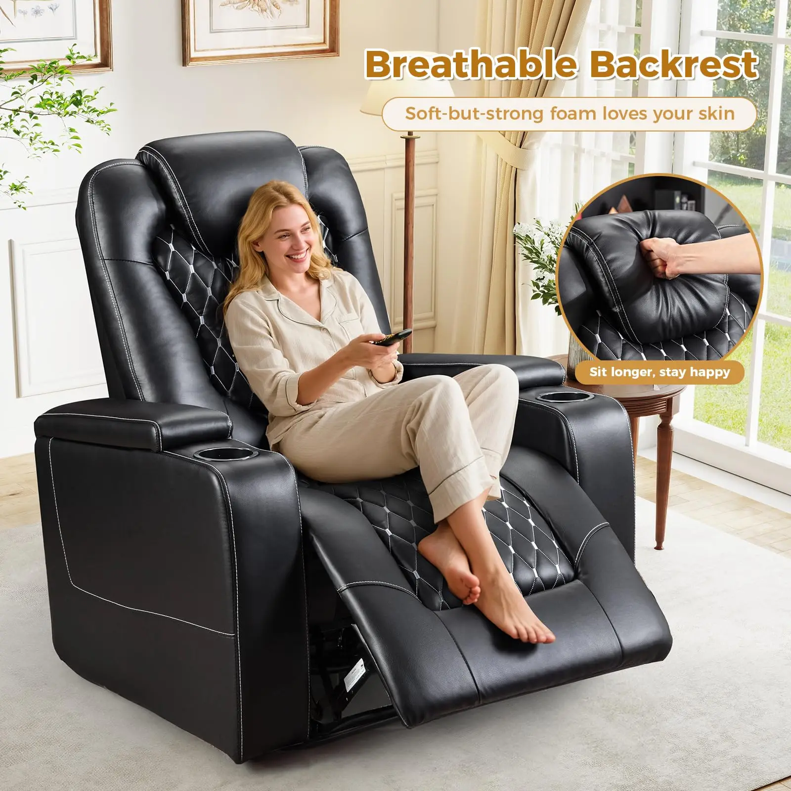 Electric Power Recliner Chair with USB Ports and Cup Holders, Breathable Leather Home Theater Seating with Hidden Arm Storage