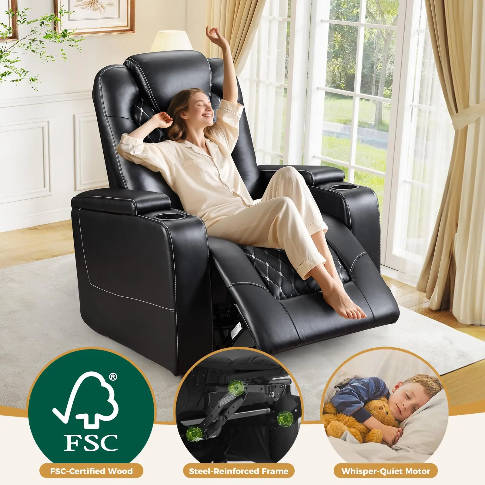 Electric Power Recliner Chair with USB Ports and Cup Holders, Breathable Leather Home Theater Seating with Hidden Arm Storage